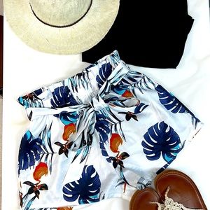 SHEIN Curve White & Tropical Tie Front Shorts in white, blue and orange